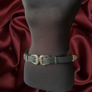 Black Leather Double-Buckle Western Waist Belt with Silver Hardware